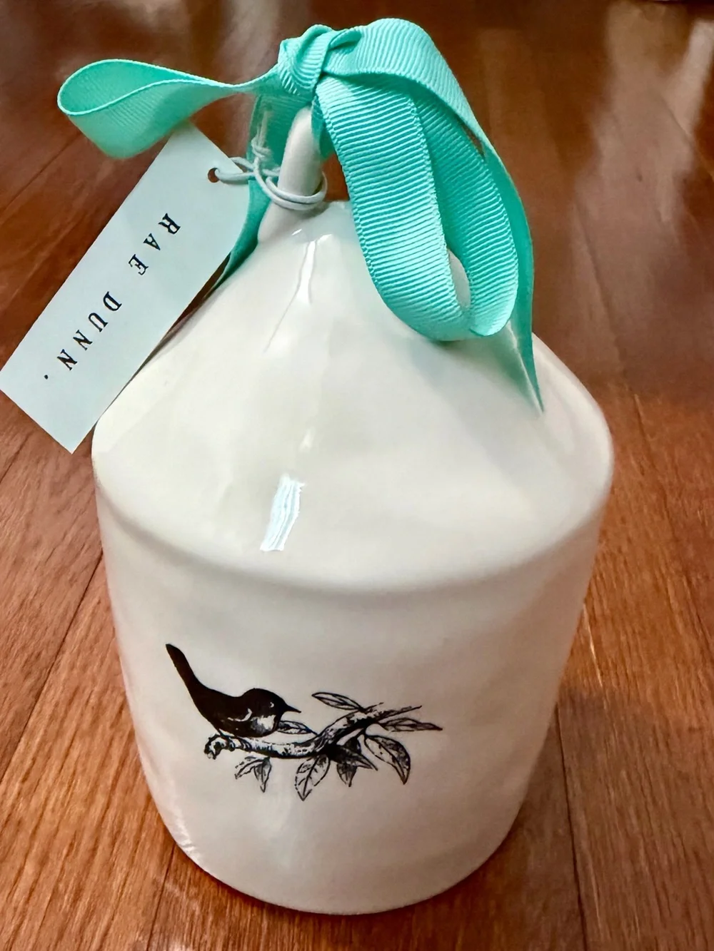Rae Dunn White Ceramic Birdhouse with Teal Ribbon Accent
